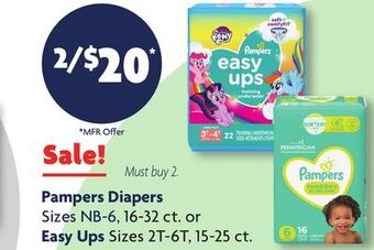 Family Dollar Pampers diapers sizes nb-6, 16-32 ct. or easy ups sizes 2t-6t, 15-25 ct offer