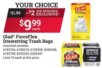 Ace Hardware Glad forceflex drawstring trash bags offer