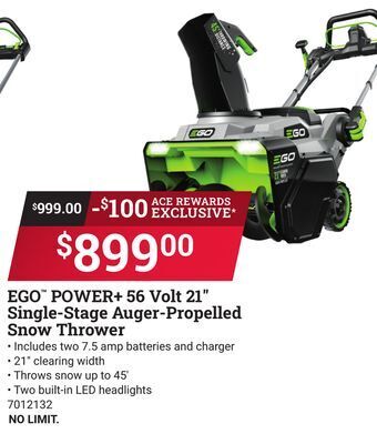 Ace Hardware Ego power+ 56 volt 21 single-stage auger-propelled snow thrower offer