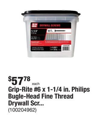 The Home Depot Grip-rite #6 x 1-1/4 in. philips bugle-head fine thread drywall screws (25 lbs./pack) offer