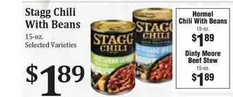 Rosauers Stagg Chilli With Beans Or Hormel Chili With Beans Or Dinty Moore Beef Stew offer