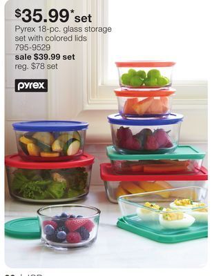JC Penney Pyrex 18-pc. glass storage set with colored lids offer