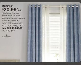 JC Penney Fieldcrest davina solid, print or vine jacquard energy-saving 100% blackout 84 grommet-top curtain offer