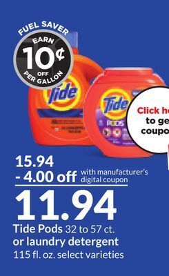 Hy-Vee Tide pods 32 to 57 ct. or laundry detergent 115 fl. oz offer