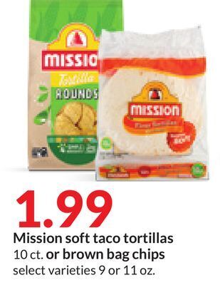 Hy-Vee Mission soft taco tortillas 10 ct. or brown bag chips offer