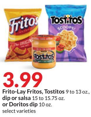 Hy-Vee Frito-lay fritos, tostitos 9 to 13 oz., dip or salsa 15 to 15.75 oz. or doritos dip 10 oz offer