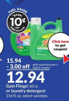 Hy-Vee Gain flings! 60 ct. or laundry detergent 154 fl. oz offer