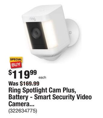 The Home Depot Ring spotlight cam plus, battery - smart security video camera with led lights, 2-way talk, color night vision, white offer