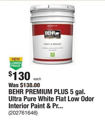 The Home Depot Behr premium plus 5 gal. ultra pure white flat low odor interior paint & primer offer