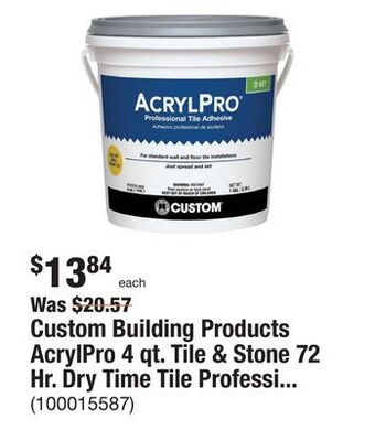 The Home Depot Custom building products acrylpro 4 qt. tile & stone 72 hr. dry time tile professional tile adhesive offer