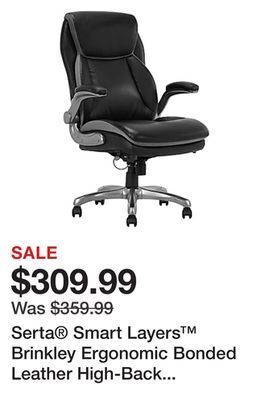 Office Depot Serta smart layers brinkley ergonomic bonded leather high-back executive chair, black/silver offer