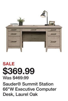 Office Depot Sauder summit station 66w executive computer desk, laurel oak offer