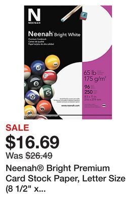 Office Depot Neenah bright premium card stock paper, letter size (8 1/2 x 11), pack of 250 sheets, 65 lb, white offer