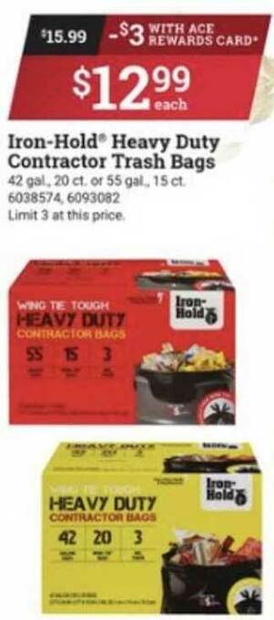 Ace Hardware Iron-Hold® Heavy Duty Contractor Trash Bags offer