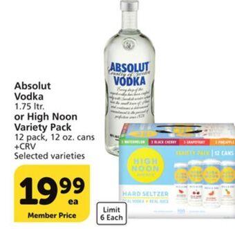 Albertsons Absolut vodka 1.75 ltr. or high noon variety pack 12 pack, 12 oz. cans offer