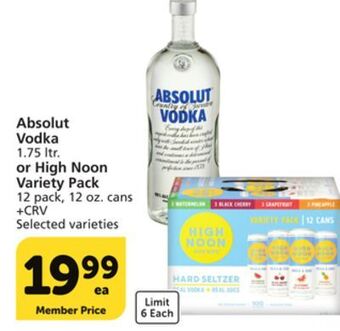 Vons Absolut vodka 1.75 ltr. or high noon variety pack 12 pack, 12 oz. cans offer