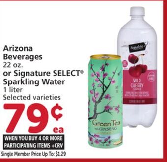 Vons Arizona beverages 22 oz. or signature select sparkling water 1 liter offer
