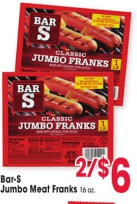Jewel-Osco Bar-s jumbo meat franks offer