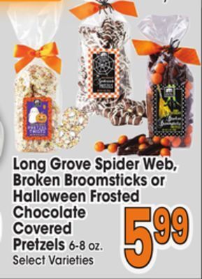 Jewel-Osco Long grove spider web, broken broomsticks or halloween frosted chocolate covered covered pretzels offer