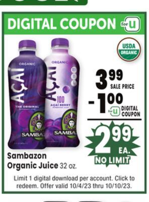 Jewel-Osco Sambazon organic juice offer