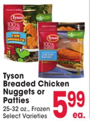Jewel-Osco Tyson breaded chicken nuggets or patties offer