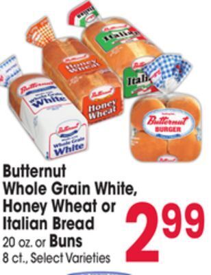 Jewel-Osco Butternut whole grain white, honey wheat or italian bread 20 oz. or buns 8 ct offer