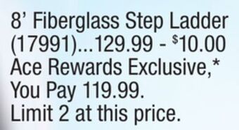 Ace Hardware 8' fiberglass step ladder offer