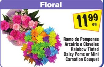 El Super Rainbow tinted daisy poms or mini carnation bouquet offer