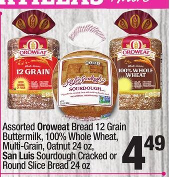 Super King Markets Assorted oroweat bread 12 grain buttermilk, 100% whole wheat, multi-grain, oatnut 24 oz, san luis sourdough cracked or round offer