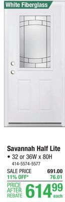 Menards Mastercraft savannah 32w x 80h white smooth fiberglass half lite composite frame exterior door system - right inswing offer