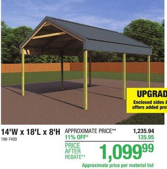 Menards 14'w x 18'l x 8'h pro-port embedded posts material list offer