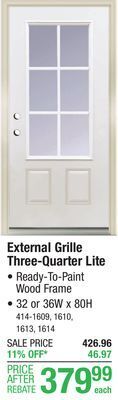 Menards Mastercraft external grille 32w x 80h primed steel three-quarter lite exterior door system - right inswing offer