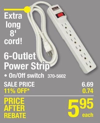 Menards Smart electrician 6-outlet power strip with 8' cord offer