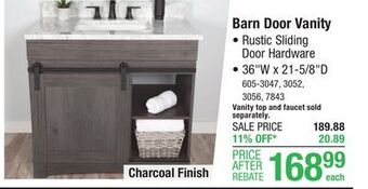 Menards Dakota sliding barn door 36w x 21-5/8d white oak bathroom vanity cabinet offer