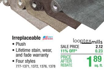 Menards Looptex mills irreplaceable smoky brown plush carpet 12 ft. wide offer