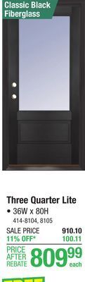 Menards Mastercraft 36w x 80h classic black fiberglass three quarter lite composite frame exterior door system - right inswing offer
