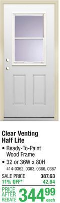 Menards Mastercraft 32w x 80h primed steel venting half lite exterior door system - right inswing offer