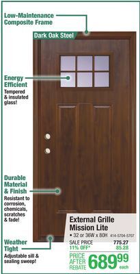 Menards Mastercraft 32w x 80h dark oak woodgrain steel external grille mission lite composite frame exterior door system - right insw offer