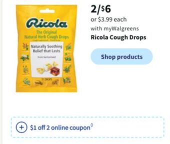 Walgreens Ricola cough drops offer