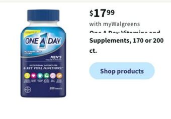 Walgreens One a day vitamins and supplements, 170 or 200 ct offer