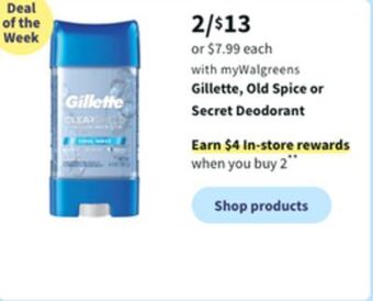 Walgreens Gillette, old spice or secret deodorant offer