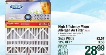 Menards Bestair 20 x 25 x 4 high efficiency merv 13 pleated air filter offer