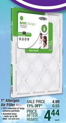 Menards Dupont basic 16 x 20 x 1 merv 8 pleated air filter offer