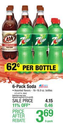 Menards A&w zero sugar root beer soda 16.9 oz bottles - 6 pack offer