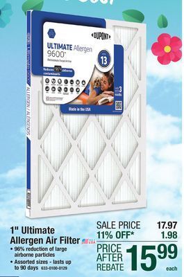 Menards Dupont ultimate 16 x 20 x 1 merv 13 pleated air filter offer