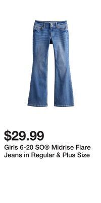 Kohl's Girls 6-20 so midrise flare jeans in regular & plus size offer