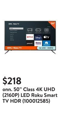 Walmart Onn. 50 class 4k uhd (2160p) led roku smart tv hdr (100012585) offer