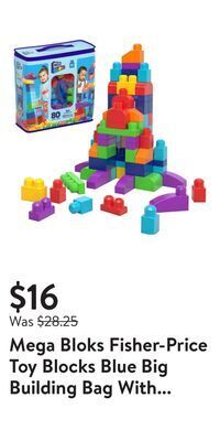 Walmart Mega bloks fisher-price toy blocks blue big building bag with storage (80 pieces) for toddler offer