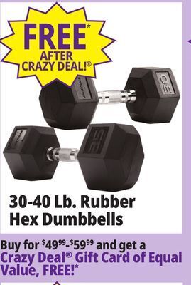 Ocean State Job Lot 30-40 lb. rubber hex dumbbells offer