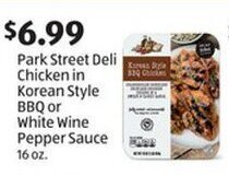 Aldi Park Street Deli Chicken in Korean Style BBQ or White Wine Pepper Sauce 16 oz. offer